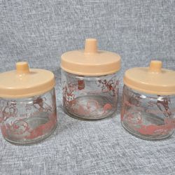 1950s MCM Pink Baby Jar Dresser Set Round the Clock with Baby GLASCO 3 Set