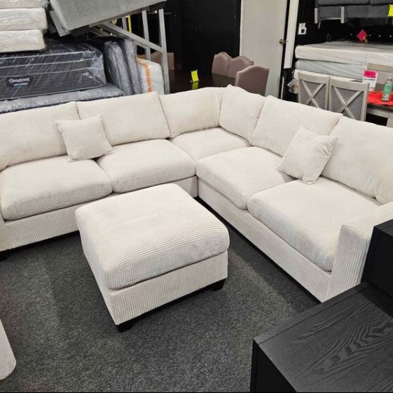 New Item😍 4/pc Sectional Sofa With Ottoman Ivory Corduroy 