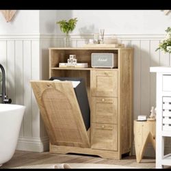 Natural Rattan Storage Cabinet With 3 Drawers with Hamper