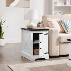 Organize Your Space with Rustic Farmhouse End Table, Adjustable Storage Shelf and Concealed Cabinet, White and Black