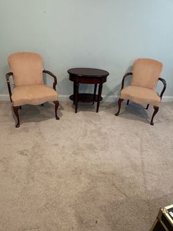 Pair of Queen Anne Upholstered Armchairs with Side Table