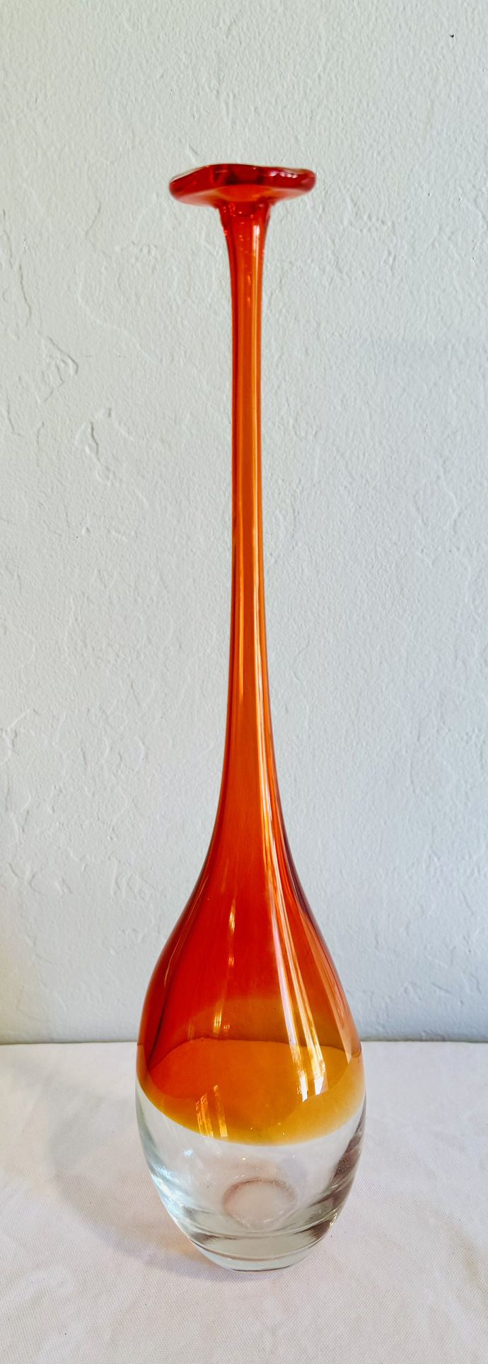 Vintage MCM Veneto Dijon Orange Art Glass Stretch Long Neck Vase w/Flange Rim
