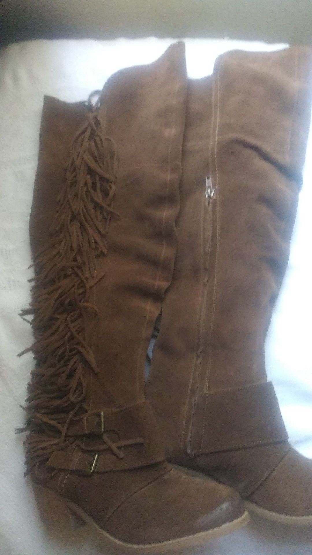 Thigh high fringe suede boots sz 7.5
