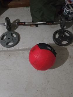 Barbell with 25lb Plates and 10lb Medicine Ball