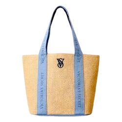 Victoria's Secret straw beach tote bag with blue denim handles - BNWT