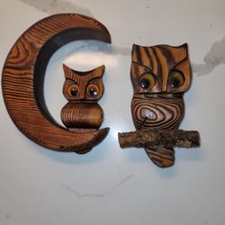 Vintage Cryptomeria Wood Owl Wall Hanging, Carved Wooden Plaque, Wood Owls