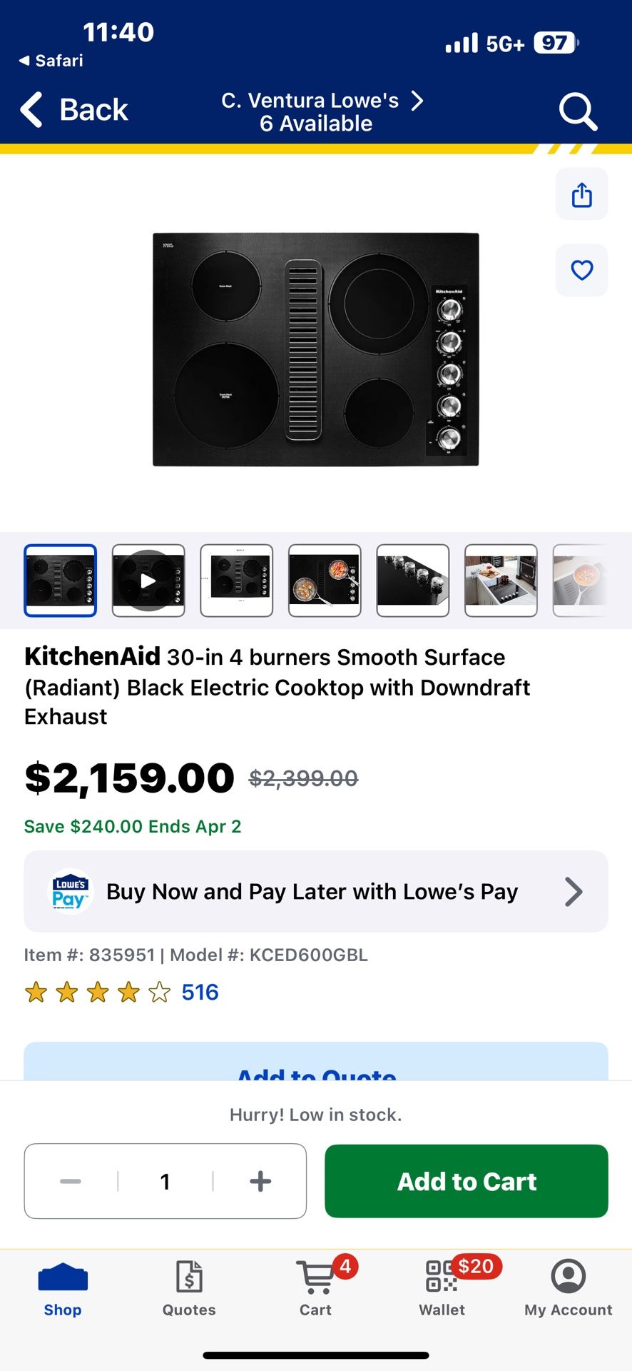 NEW IN BOX KITCHEN AID 30” ELECTRIC DOWNDRAFT 4 BURNER COOKTOP WITH A FACTORY WARRANTY 3/30/25