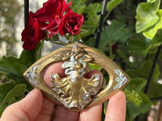 Vintage Art Nouveau Lady Brooch Large Figural Gold Tone Enamel Sash Pin Antique 1900’s Jewelry 100 Year Old Estate Piece 