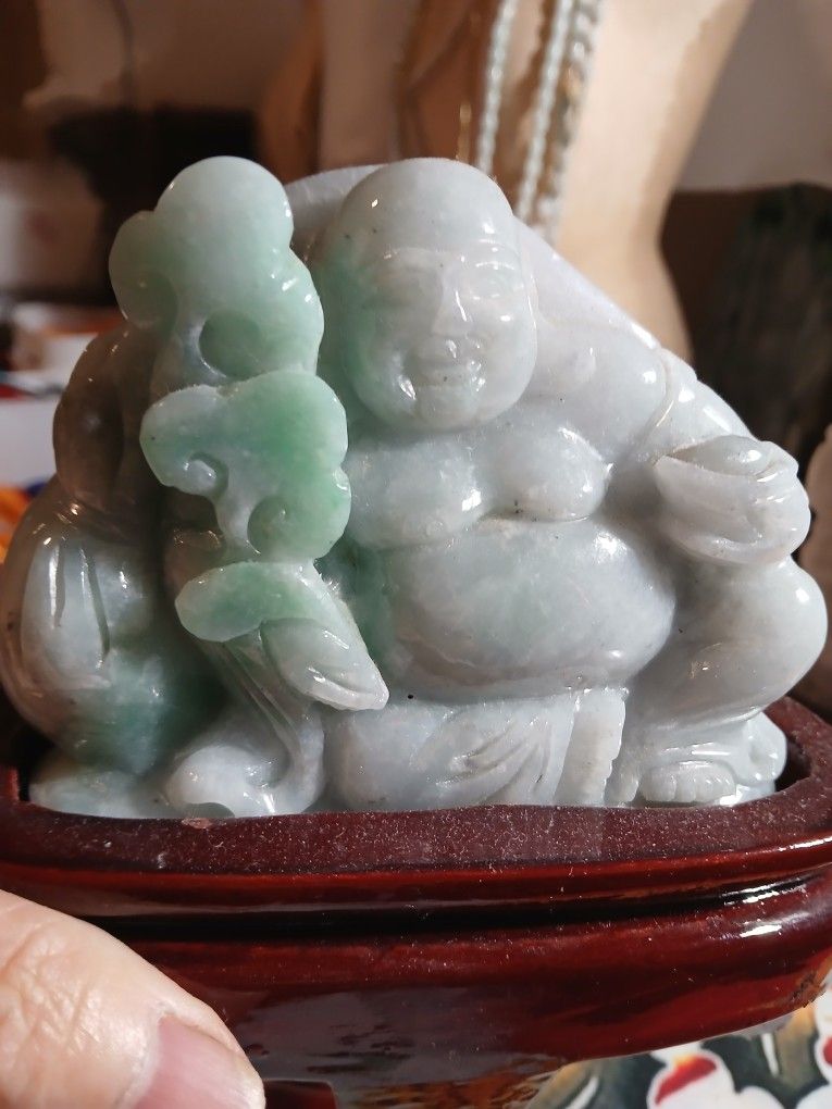 Certified Orayer Belsiing For Good Luck Weathy Jeathy Happy Buddha Matreiya Green Jade Jadeist Emerald Burma Stuatue Size 4x3.75"