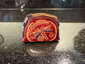 Dominican Republic Souvenir Leather Dragonfly Coin Purse Zipper Closure Key Ring