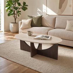 Oval Coffee Table 47 Inch for Living Room, Travertine-Look Center Table with Wood Base, Large Beige Oval Coffee Tables for Home Apartment Small Spaces