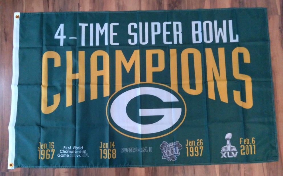 New Green Bay Packers 4 Time Super Bowl Champions Flag Banner.