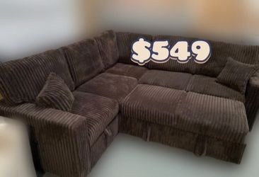 Beautiful‼️ 3-Pc Brown Corduroy Convertible Sectional Sofa W/Pullout Bed, Storage, And USB Port