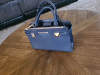 Michael Kors Karla EW (East West) Satchel, crafted from navy blue Saffiano leather.