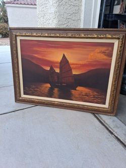 1970's Vintage Oil on Canvas Junk Boat Art