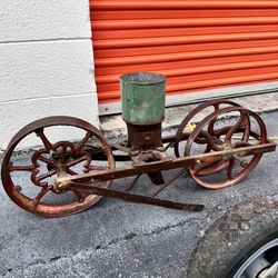 Farm Tool Seed Spreader On Wheels Antique Or vintage Cast Iron, Cute Patio Decor, Flower Planter 