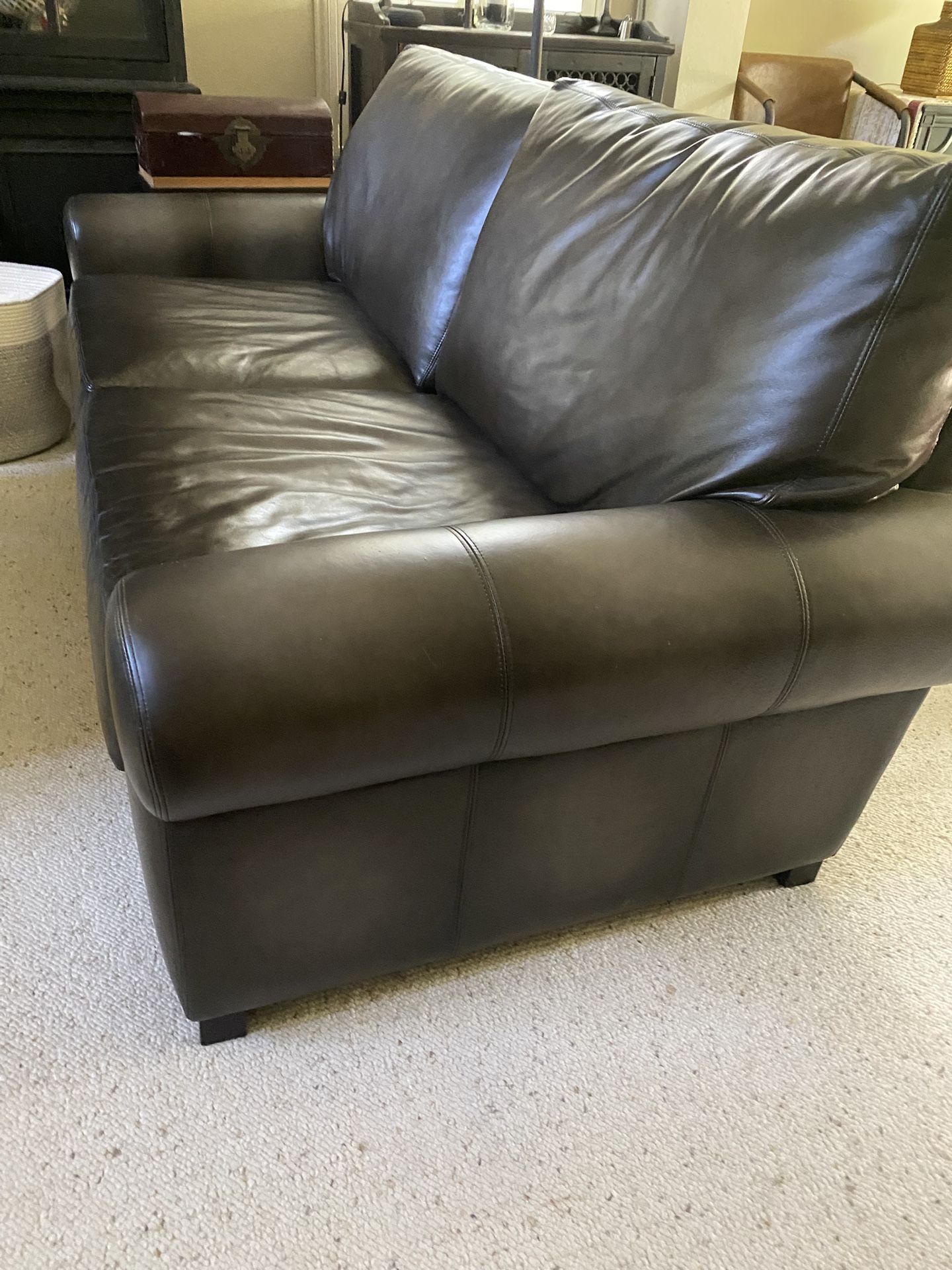 Pottery Barn 72” Black And Wolf Gray Leather Loveseat 