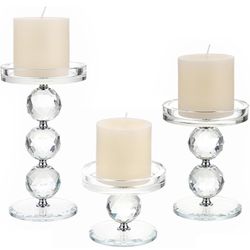  of 3 Crystal Glass Pillar Candlestick Holders Clear Pillar Candle Holders Sets, Tealight Votive C