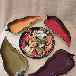 Clay Art Stonelite "Salsa!" with Salsa Bottle Design 8-1/2" Salad Plate & 4 Clay Art Colorful Chili Pepper Serving Trays 