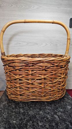 Vintage French Bamboo & Wicker Basket, 17"W, 17"H (w/handle), 10" Deep