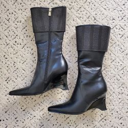 Marina Donati Black Wedge Pointed Toe Mid Calf Boots