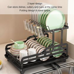Iron Dish Drainer, 2 Tier Dish Drying Rack with Drainboard, Multifunctional, Detachable, Countertop Mount, Black