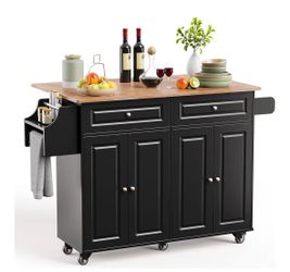 Kitchen island with wheels. Black and wood