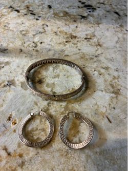 Vintage Roberto Magi Italy 925 Sterling Silver Greek Key Bangle/Bracelet  & Hoop Earring Set