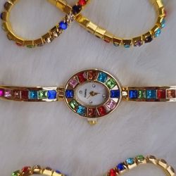 Women Watch & 2 Bracelets Set, Multi Color Gems, Gold Color