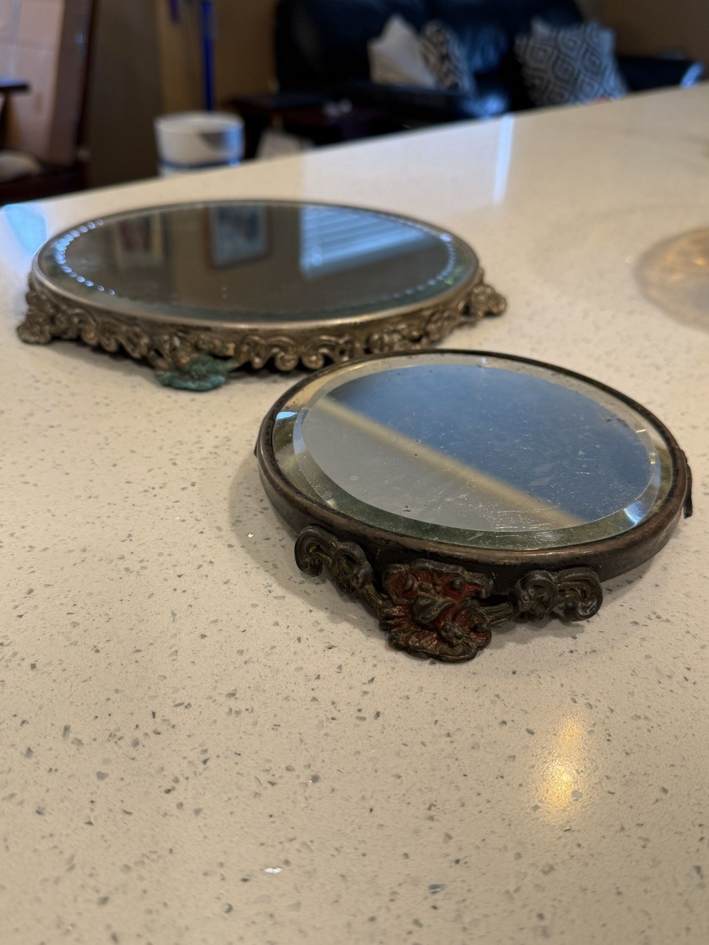 2 Antique ART NOVEAU PLATEAU BEVELED MIRROR TRAY Victorian Vanity Display10” And 6”