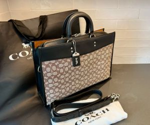 Coach signature textile jacquard briefcase shoulder bag cocoa/black