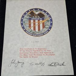 Apollo 16 Crew Signed Mission Appreciation Certificate