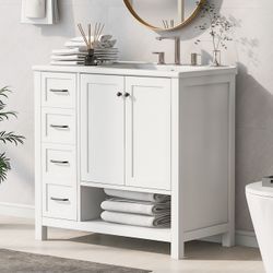 #415  LOVMOR Freestanding White 36-in Single Sink Bathroom Vanity with White Ceramic Top Assembly