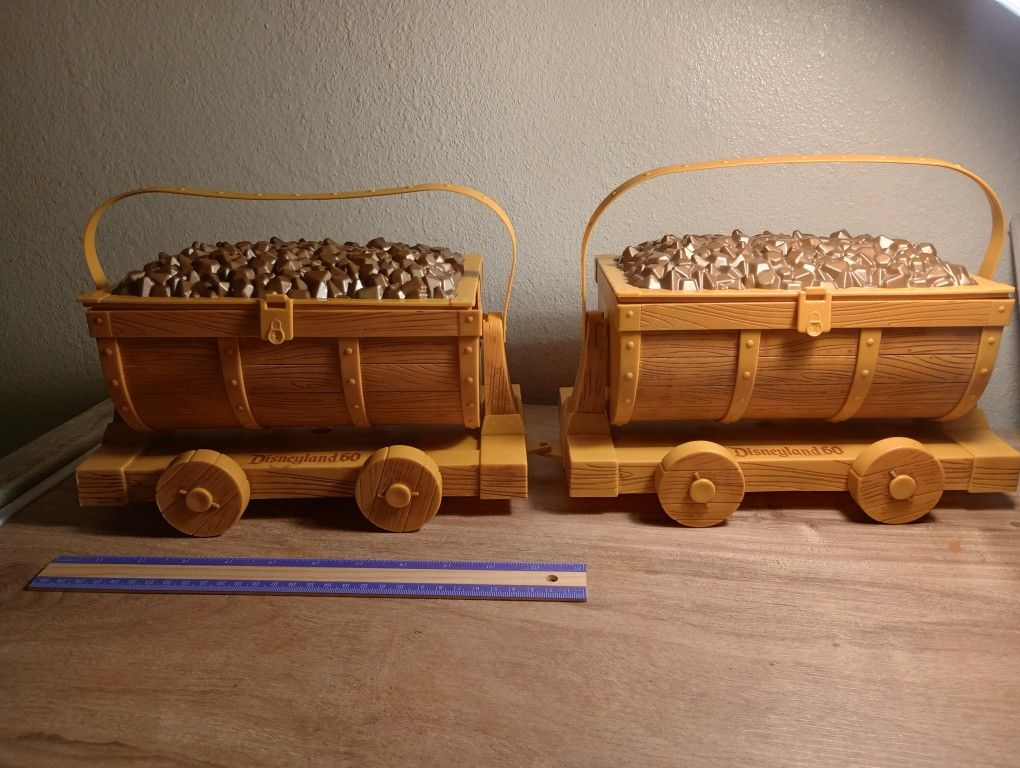 Two Disneyland 60th Anniversary Popcorn Souvenirs Snow White Mine Carts