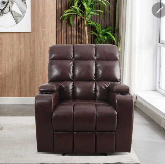 Manual Recliner Chair with Massage Vibration, PU Leather Reclining Chairs with Cup Holders and Storage Box for Living Room