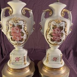 VINTAGE FRENCH CERAMIC ROSE LAMPS