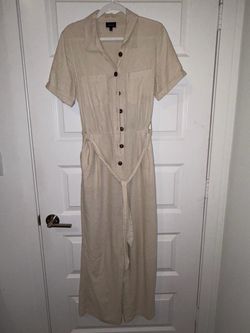 Women's Linen Jumpsuit - Beige, Belted, Size S