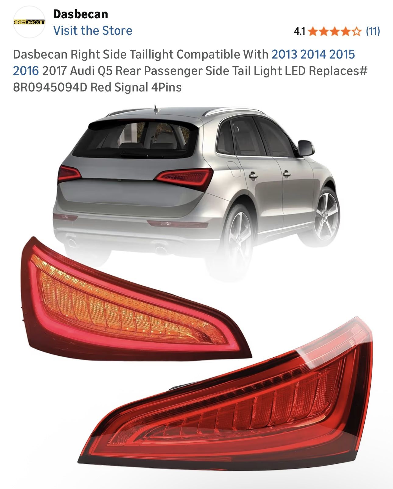$100 New Audi Q5 Dasbecan Right Side Taillight Compatible With 2013 2014 2015 2016 2017 Audi Q5 Rear Passenger Side Tail Light LED Replaces# 8R0945094