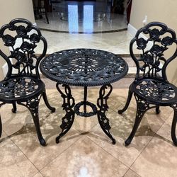 Heavy Bistro Set Cast Iron 2 Chairs & Table With Umbrella Hole , Black 