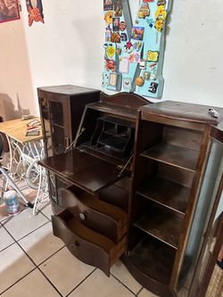 Vintage Wood Secretary Desk with Side Cabinet