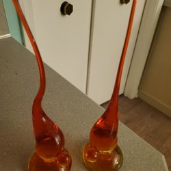 MID CENTURY VIKING GLASS EPIC PERSIMMON ORANGE LONG TAIL BIRD FIGURES

