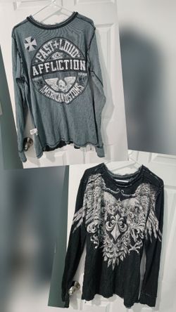 Affliction Men's Reversible Thermal Long-Sleeve Graphic Top Black Grey Blue XL