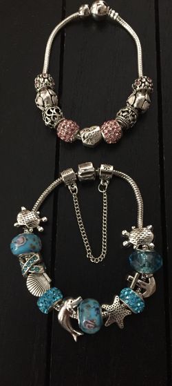 Two 8” Sterling Silver Plated Charm Bracelets with Glass, Acrylic inlays Charm beads and Murano Glass beads, Value Pack/We ship Fast!