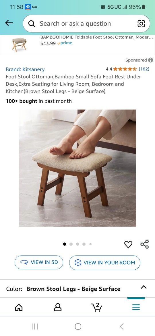 Foot Stool,Ottoman,Bamboo Small Sofa Foot Rest Under
Desk,Extra Seating for Living Room, Bedroom and
Kitchen(Brown Stool Legs - Beige Surface)