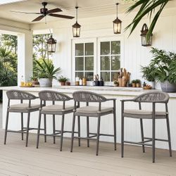 Bar Stools Set of 4, 24.8'' Aluminum Outdoor Bar Stool with Removable Cushion, Boho Rattan BarStools, Olefin Rope Woven Bar Chairs with Footrest for P