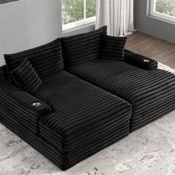 Brand New Black Super Plush Chenille Double Chaise Sofa