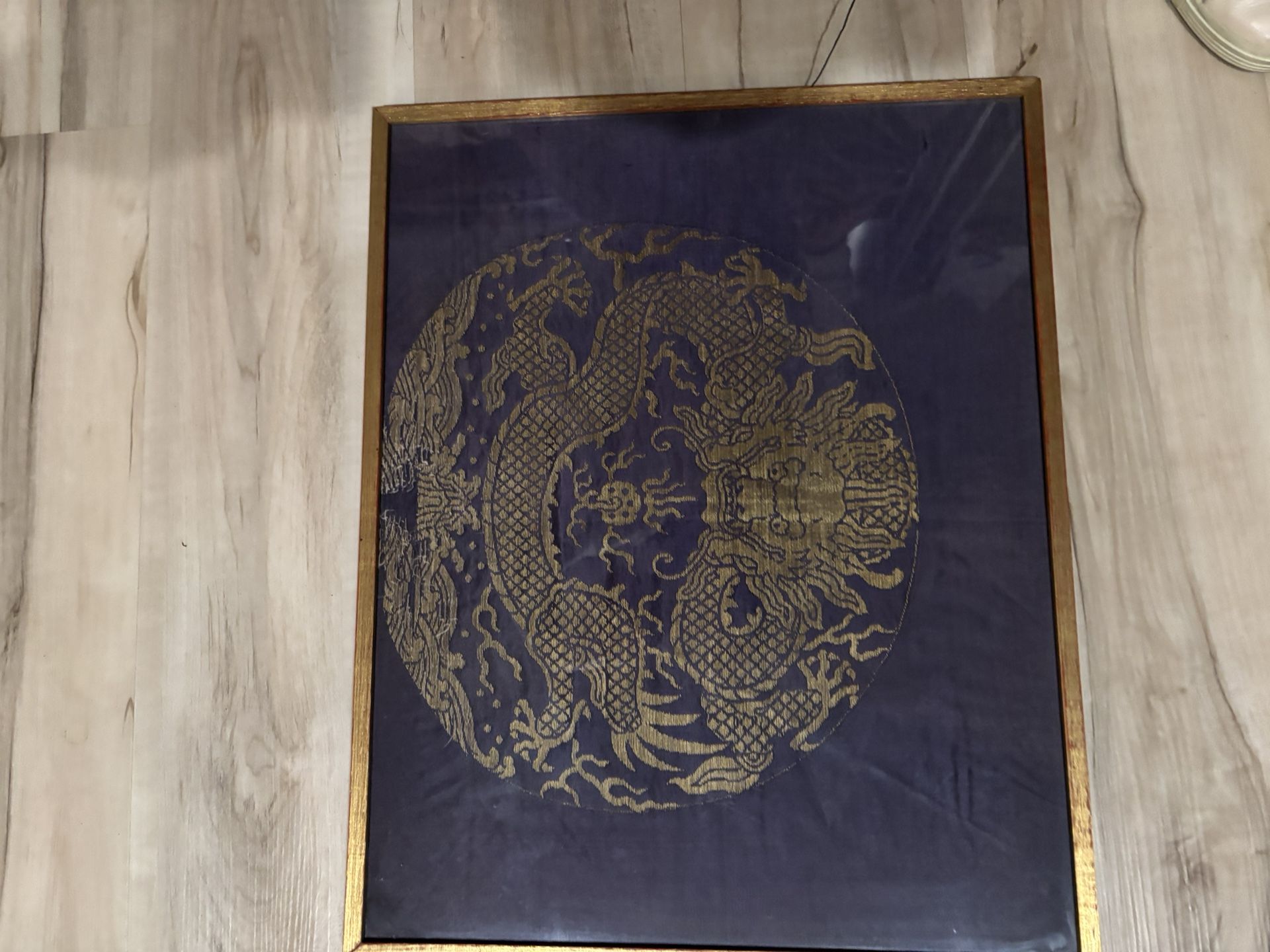 Framed Gold Dragon On Blue Background Textile 20.75 X16.6 Inches