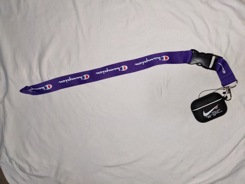 Purple Champion Lanyard With Nike Airpod Pro Case