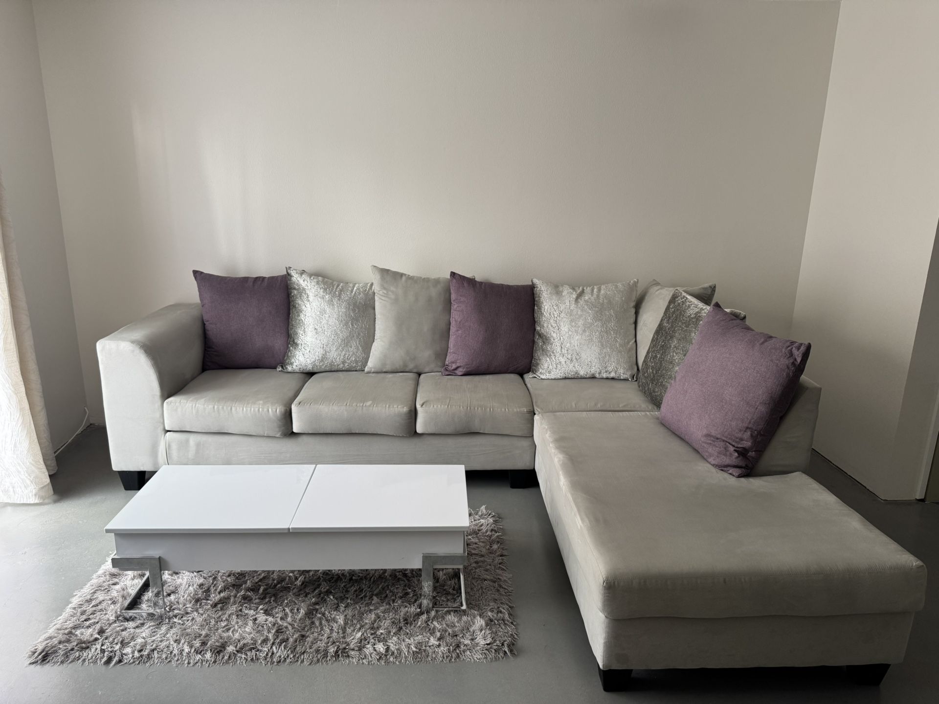 2 piece Wayfair couch sofa with chaise: purple, silver, and light gray
