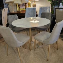 Round Faux Marble Top Table + 4 Grey Chairs